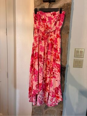 Strapless Pink Floral Midi Dress with Smocked Waist